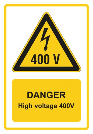 Aufkleber Warnzeichen Piktogramm & Text englisch · Danger · High voltage 400V · gelb