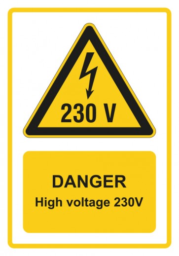 Schild Warnzeichen Piktogramm & Text englisch · Danger · High voltage 230V · gelb