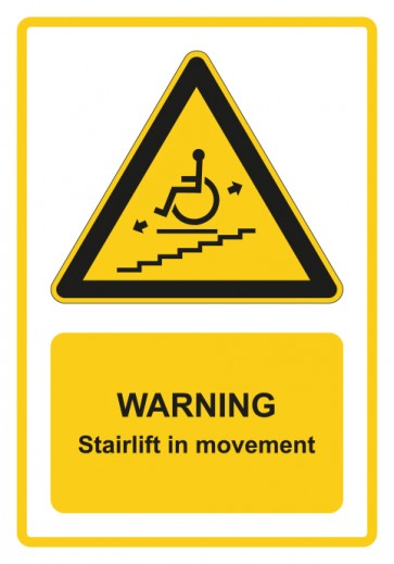 Schild Warnzeichen Piktogramm & Text englisch · Warning · Stairlift in movement · gelb | selbstklebend