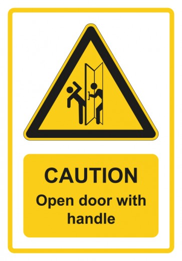 Schild Warnzeichen Piktogramm & Text englisch · Caution · Open door with handle · gelb | selbstklebend