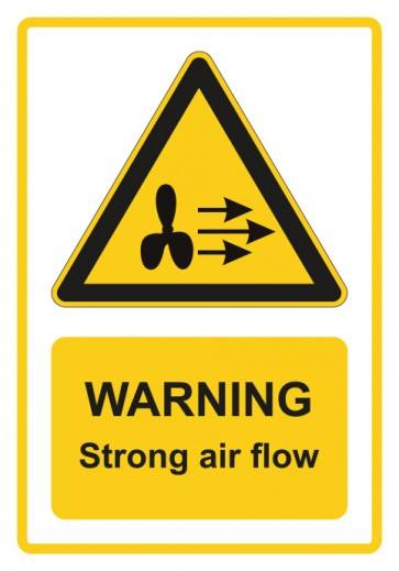 Schild Warnzeichen Piktogramm & Text englisch · Warning · Strong air flow · gelb | selbstklebend