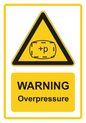 Schild Warnzeichen Piktogramm & Text englisch · Warning · Overpressure · gelb