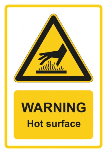 Schild Warnzeichen Piktogramm & Text englisch · Warning · Hot surface · gelb