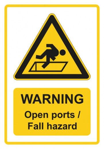 Magnetschild Warnzeichen Piktogramm & Text englisch · Warning · Open ports · Fall hazard · gelb