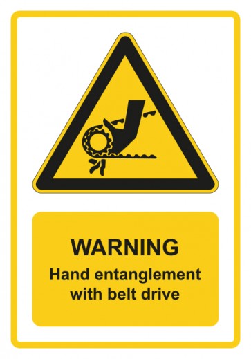 Schild Warnzeichen Piktogramm & Text englisch · Warning · Hand entanglement with belt drive · gelb