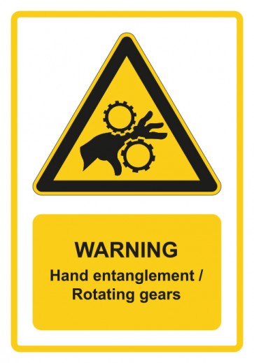 Schild Warnzeichen Piktogramm & Text englisch · Warning · Hand entanglement / Rotating gears · gelb | selbstklebend