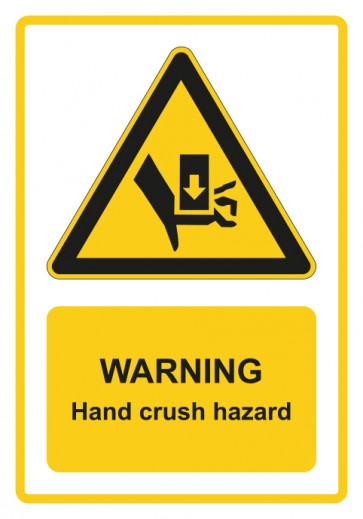 Schild Warnzeichen Piktogramm & Text englisch · Warning · Hand crush hazard · gelb
