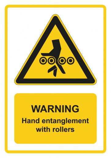 Schild Warnzeichen Piktogramm & Text englisch · Warning · Hand entanglement with rollers · gelb | selbstklebend