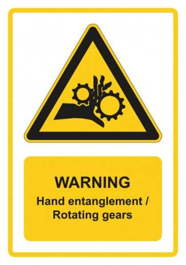 Schild Warnzeichen Piktogramm & Text englisch · Warning · Hand entanglement / Rotating gears · gelb | selbstklebend