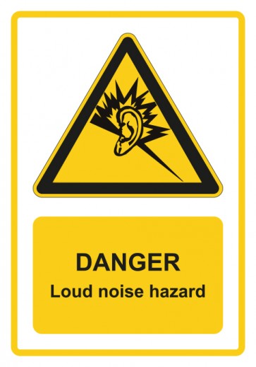 Magnetschild Warnzeichen Piktogramm & Text englisch · Danger · Loud noise hazard · gelb