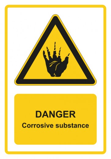 Schild Warnzeichen Piktogramm & Text englisch · Danger · Corrosive substance · gelb