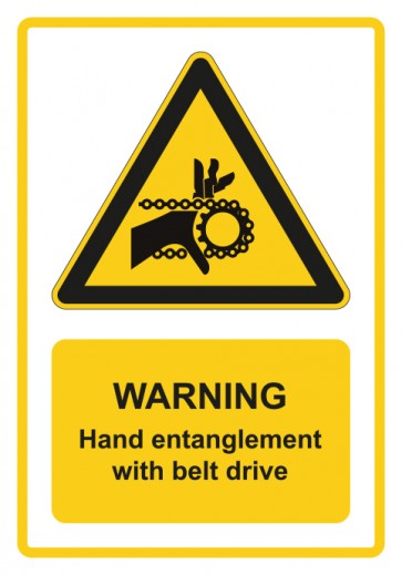 Schild Warnzeichen Piktogramm & Text englisch · Warning · Hand entanglement with belt drive · gelb | selbstklebend