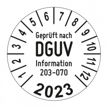 Jahresprüfplakette Geprüft nach DGUV Inf. 203-070 Wiederkehrende Prüf. ortsveränderlicher elektr. Betriebsmittel - Jahreszahl im Bogen_2