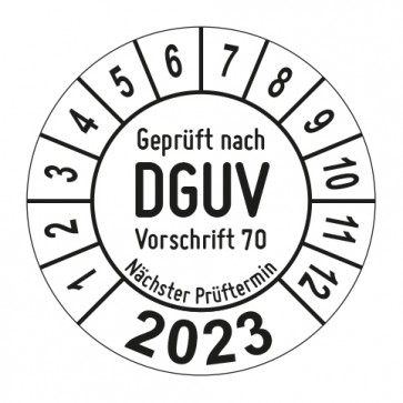 Jahresprüfplakette Geprüft nach DGUV Vorschrift 70 - Jahreszahl - im Kreisbogen