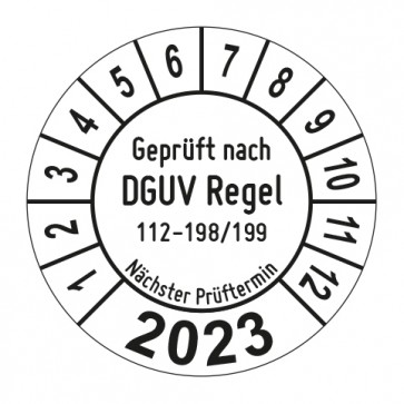Jahresprüfplakette Geprüft nach DGUV Regel 112-198_199 Prüfung von Schutzeinrichtungen - Jahreszahl - im Kreisbogen