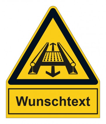 Schild Warnzeichen mit Anhang · Warnung vor Gefahr durch eine Förderanlage im Gleis · selbstklebend