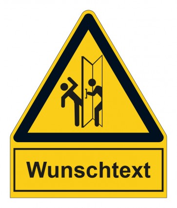 Schild Warnzeichen mit Anhang · Warnung vor Verletzungsgefahr im Schwenkbereich von Türen · selbstklebend