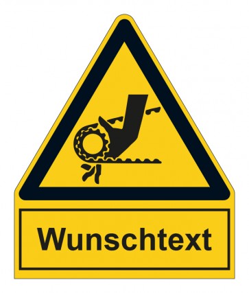 Schild Warnzeichen mit Anhang · Warnung vor Einzugsgefahr durch Riemenantrieb · selbstklebend