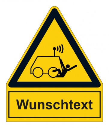 Schild Warnzeichen mit Anhang · Warnung vor Überrollen durch ferngesteuerte Maschine · ISO_7010_W037 · selbstklebend
