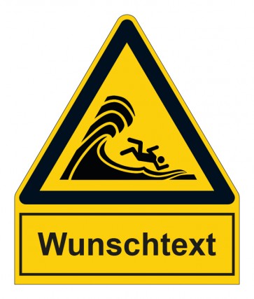 Schild Warnzeichen mit Anhang · Warnung vor hoher Brandung oder hohen brechenden Wellen · ISO_7010_W065 · selbstklebend