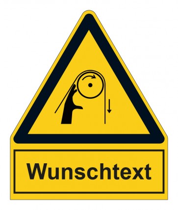 Schild Warnzeichen mit Anhang · Warnung vor Einzugsgefahr durch Riemenantrieb · selbstklebend