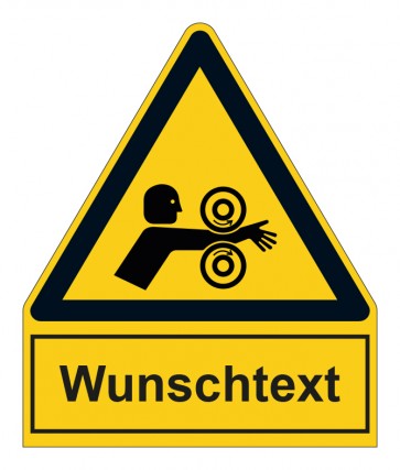 Schild Warnzeichen mit Anhang · Warnung vor Einzugsgefahr durch rotierende Walzen · selbstklebend