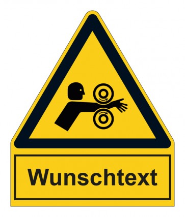 Schild Warnzeichen mit Anhang · Warnung vor Einzugsgefahr durch gegenläufige Walzen