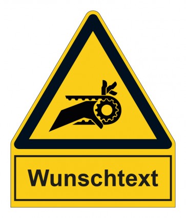 Schild Warnzeichen mit Anhang · Warnung vor Einzug durch Riemenantrieb · selbstklebend