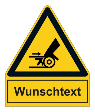 Schild Warnzeichen mit Anhang · Warnung Handverletzung durch Riemenantrieb