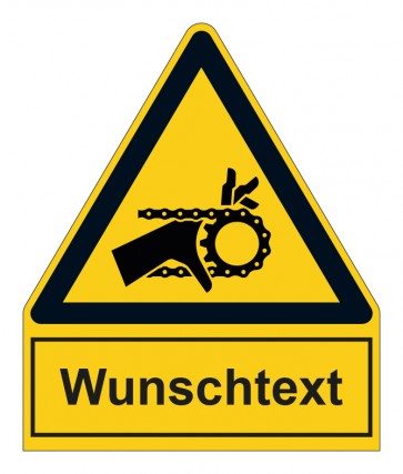Schild Warnzeichen mit Anhang · Warnung vor Handverletzung durch Riemenantrieb