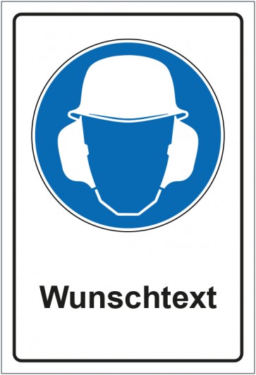 Schild Gebotszeichen Gehör- und Kopfschutz benutzen mit WUNSCHTEXT · selbstklebend