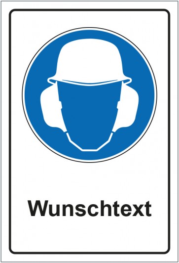 Schild Gebotszeichen Gehör- und Kopfschutz benutzen mit WUNSCHTEXT