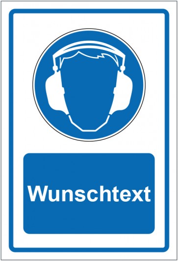Aufkleber Gebotszeichen Gehörschutz benutzen blau mit WUNSCHTEXT