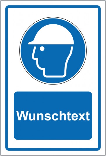 Aufkleber Gebotszeichen Kopfschutz benutzen blau mit WUNSCHTEXT