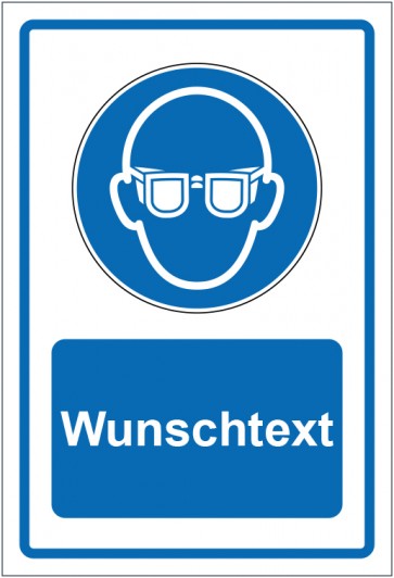 Schild Gebotszeichen Augenschutz benutzen blau mit WUNSCHTEXT · selbstklebend