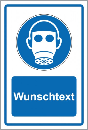 Schild Gebotszeichen Atemschutz benutzen blau mit WUNSCHTEXT · selbstklebend