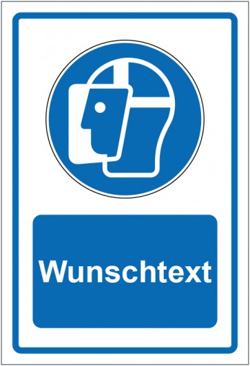 Schild Gebotszeichen Gesichtsschutz benutzen blau mit WUNSCHTEXT · selbstklebend
