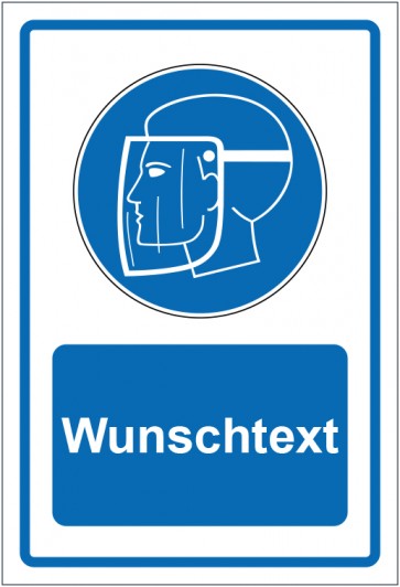 Schild Gebotszeichen Gesichtsschutz benutzen blau mit WUNSCHTEXT