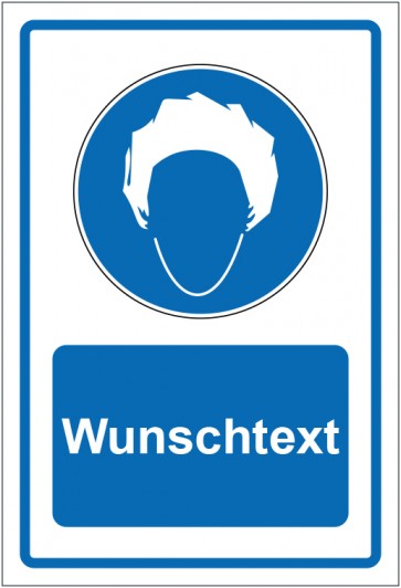 Schild Gebotszeichen Kopfhaube benutzen blau mit WUNSCHTEXT