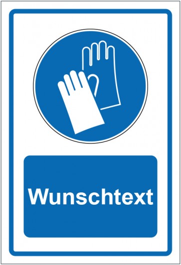 Schild Gebotszeichen Handschutz benutzen blau mit WUNSCHTEXT · selbstklebend