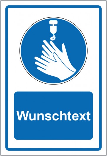 Schild Gebotszeichen Hände desinfizieren blau mit WUNSCHTEXT