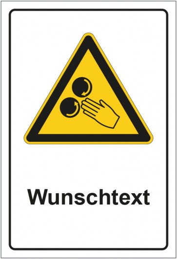 Schild Warnzeichen Warnung vor Verletzungsgefahr durch Einzug mit WUNSCHTEXT