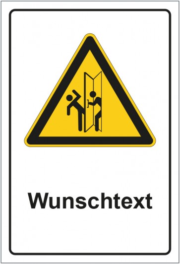 Schild Warnzeichen Warnung vor Verletzungsgefahr im Schwenkbereich von Türen mit WUNSCHTEXT · selbstklebend
