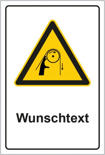 Schild Warnzeichen Warnung vor Einzugsgefahr durch Riemenantrieb mit WUNSCHTEXT