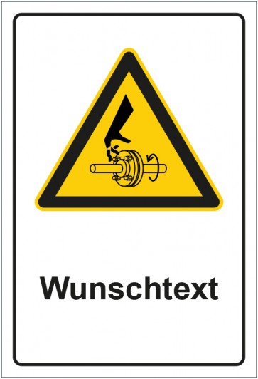 Schild Warnzeichen Warnung vor Handverletzung durch rotierende Welle mit WUNSCHTEXT