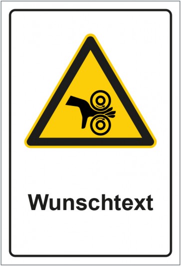 Schild Warnzeichen Warnung vor Einzugsgefahr durch rotierende Walzen mit WUNSCHTEXT