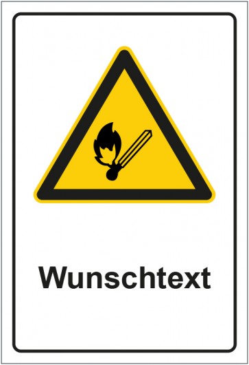 Aufkleber Warnzeichen Hinweiszeichen Achtung, keine offene Flamme mit WUNSCHTEXT