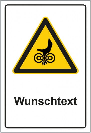 Schild Warnzeichen Warnung vor Einzugsgefahr durch gegenläufige Rollen mit WUNSCHTEXT