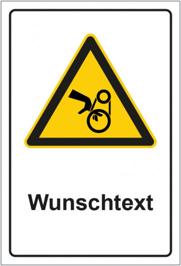 Schild Warnzeichen Warnung vor Handverletzung durch Riemenantrieb mit WUNSCHTEXT · selbstklebend