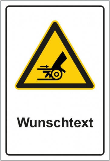 Schild Warnzeichen Warnung Handverletzung durch Riemenantrieb mit WUNSCHTEXT